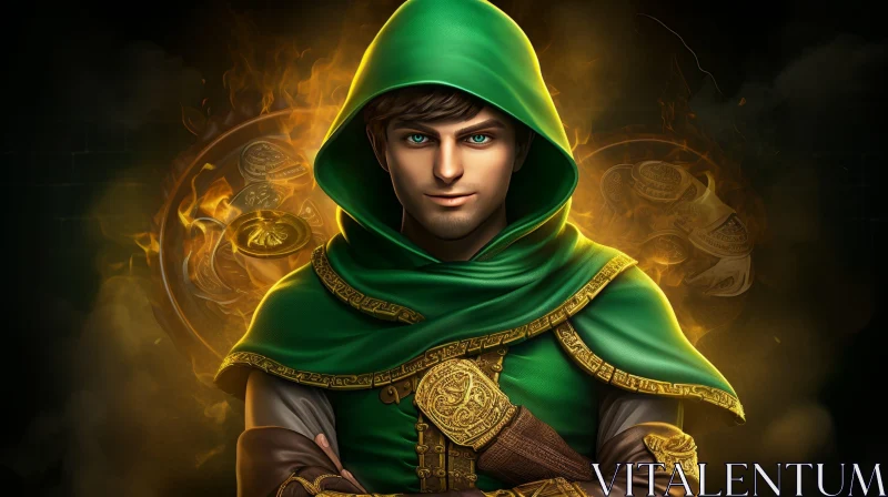 Confident Young Man in Green Hood - Digital Painting AI Image