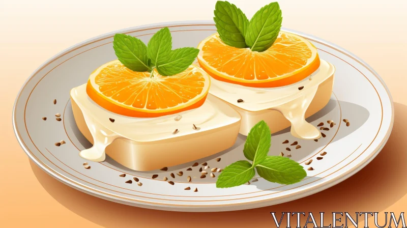 Delicious White Cake with Orange Slice and Mint Leaf on Plate AI Image
