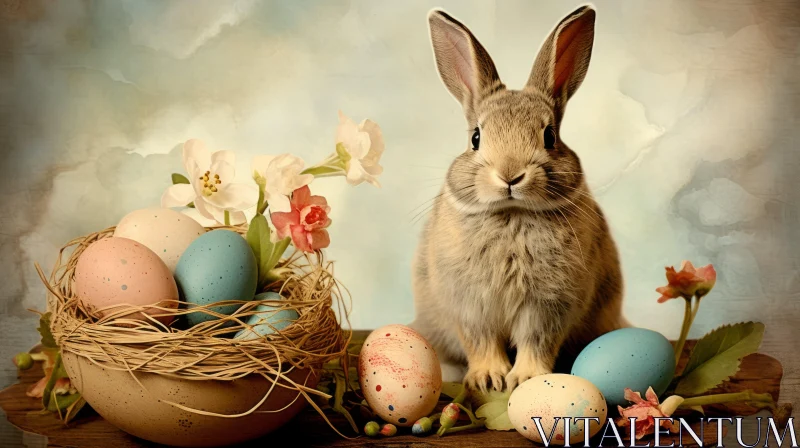 AI ART Easter Bunny with Easter Eggs - Vintage-Influenced Still Life