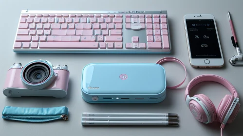 Elegant Flat Lay Composition of Pink and Blue Computer Accessories