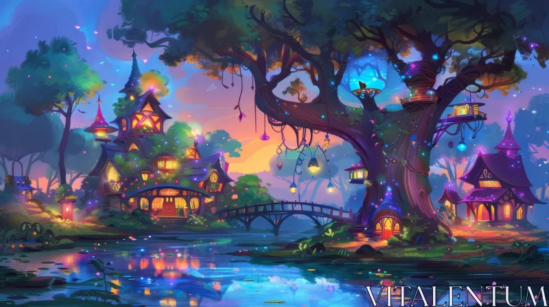 AI ART Enchanting Forest Scene with River and Houses