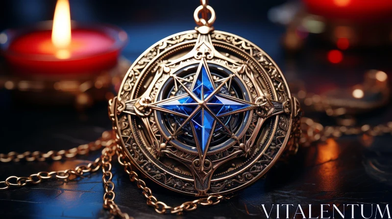 AI ART Enchanting Gold Compass with Blue Crystal - Artistic Photography