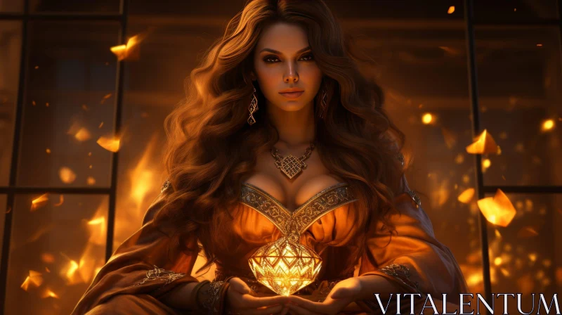 AI ART Enigmatic Woman with Glowing Orb in Golden Dress