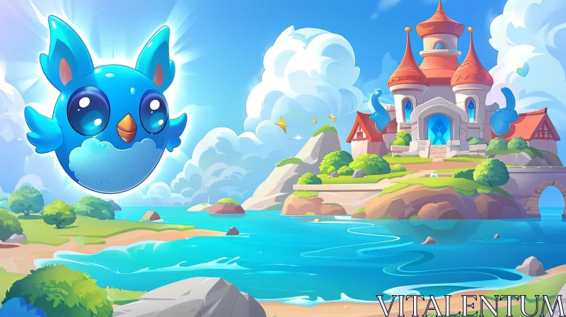 Fantasy Cartoon Landscape with Castle and Blue Bird AI Image