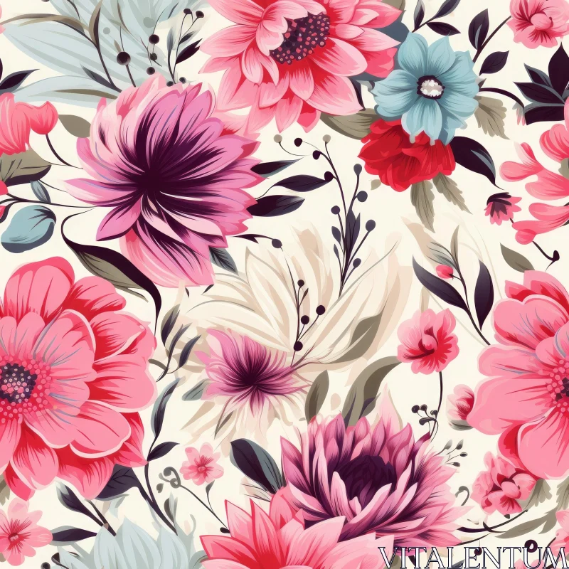 AI ART Floral Pattern - Pink, Red, Blue Flowers on White Background