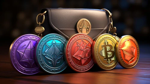 Luxurious Black Leather Bag with Gold Chain Strap and Cryptocurrency Coins