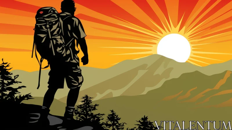 Man on Mountaintop Sunset Illustration AI Image