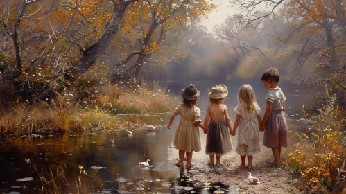 Nostalgic Children by the Pond