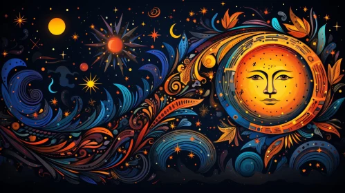 Psychedelic Night Sky with Swirling Sun and Birds