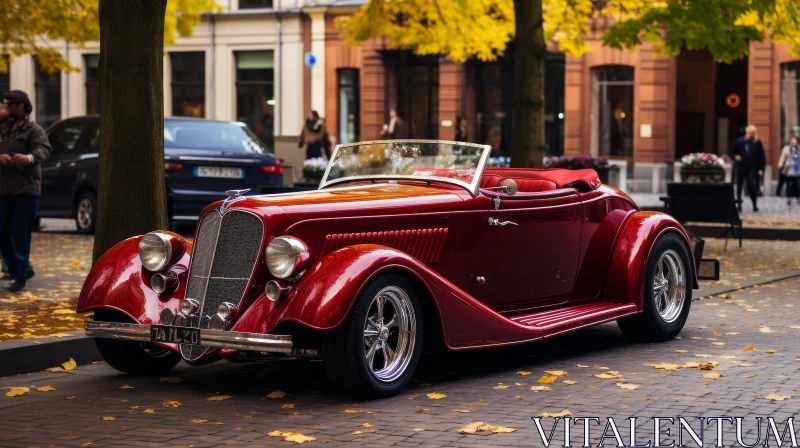 Vintage Red Retro Car on Cobblestone Street AI Image