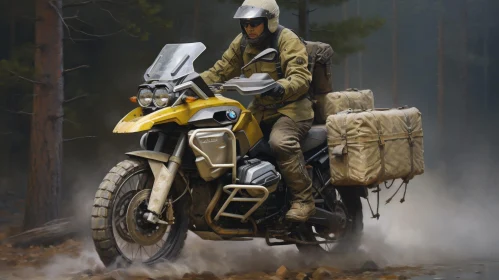 Adventure Motorcyclist Riding BMW R1200GS in Forest