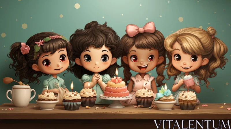 Birthday Celebration of Four Little Girls AI Image