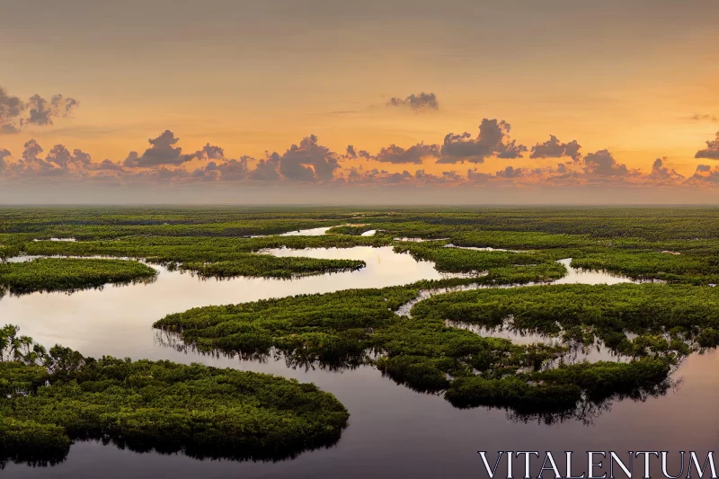 Captivating Aerial Shot of a Serene Mangrove Swamp at Sunset AI Image
