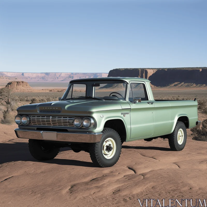Captivating Realistic 3D Rendering of an Old Green Pickup Truck in the Desert AI Image