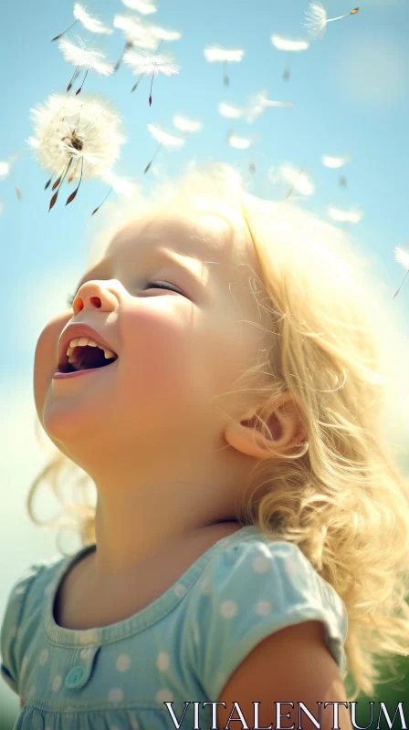Child Blowing Dandelion Seeds | Joyful Moment Under Blue Sky AI Image