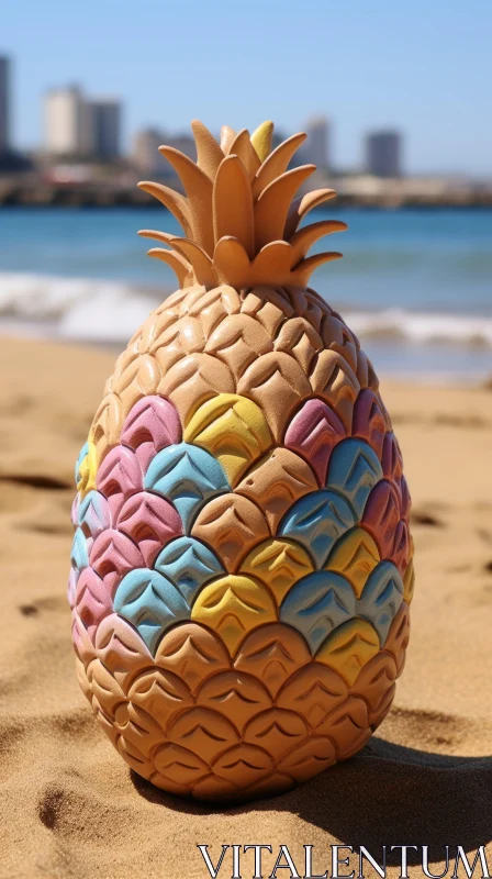 Colorful Pineapple Sculpture on a Beach AI Image