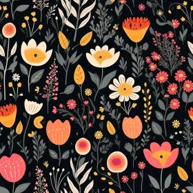 Dark Floral Pattern with Tulips, Daisies, and Roses