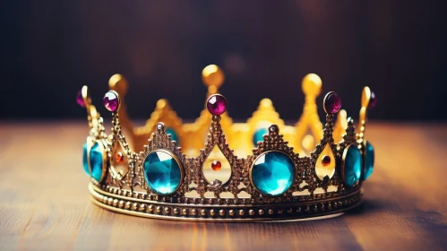 Exquisite Golden Crown with Blue and Red Gems on Wooden Surface
