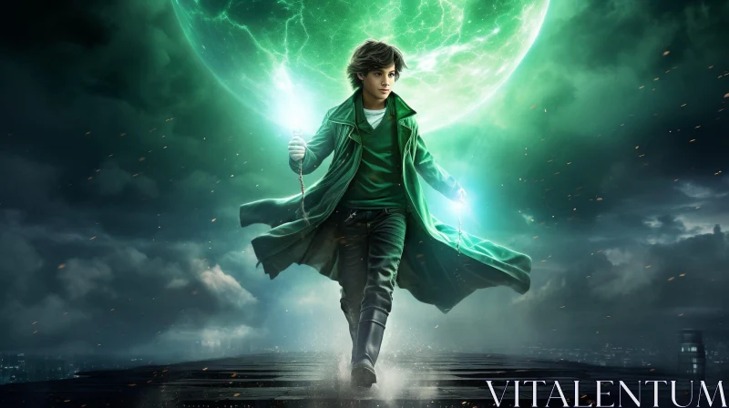 Fantasy Illustration of Young Boy on Rooftop with Green Moon AI Image