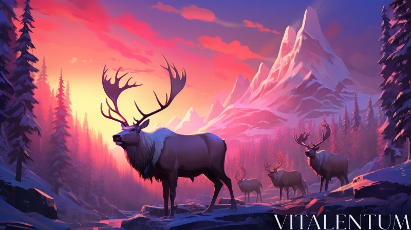 Majestic Winter Landscape with Deer and Sunset AI Image