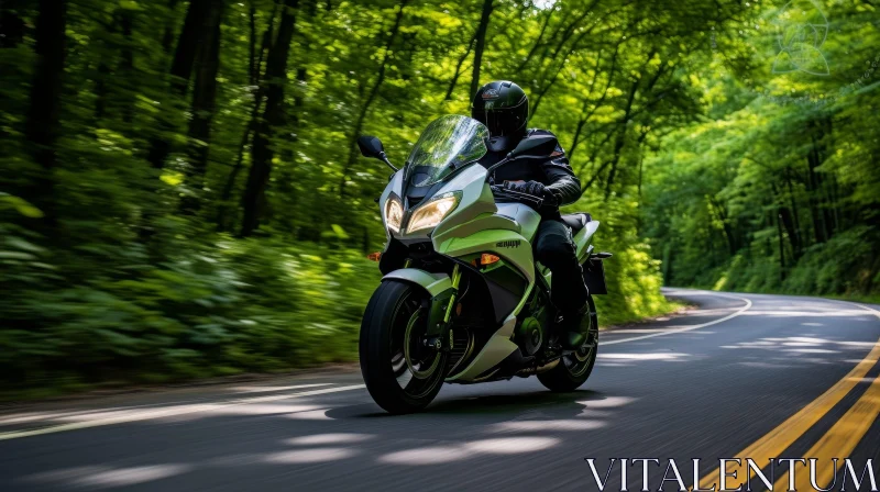 AI ART Man Riding Green and White Sport Motorcycle Through Forest