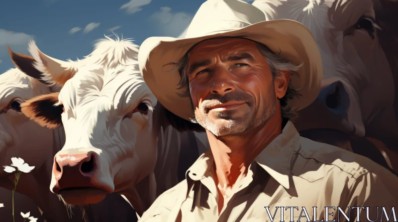 AI ART Middle-Aged Man in Cowboy Hat with Cows in American Countryside