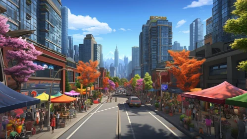 Modern City Street Scene with Tall Buildings and Blooming Trees