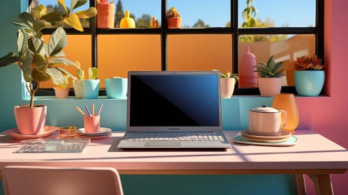 Pink Desk Interior with Laptop, Plants, and Teapot