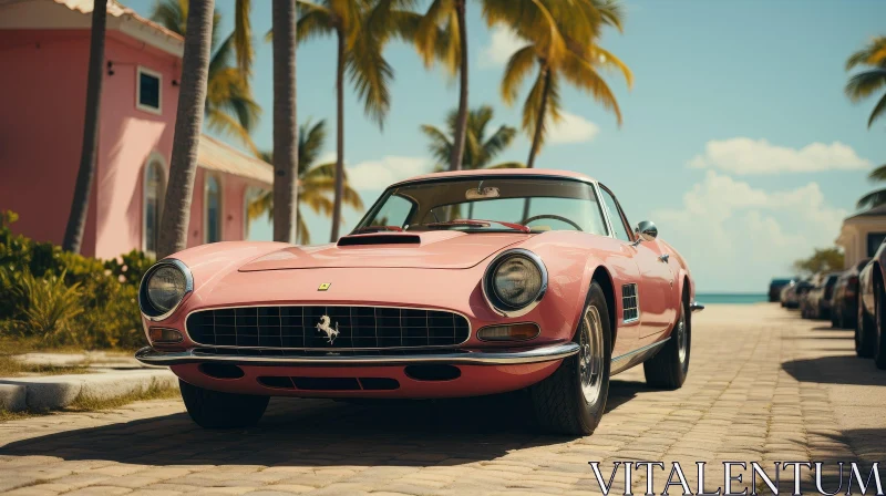 AI ART Pink Vintage Ferrari 250 GT Lusso in Tropical Setting
