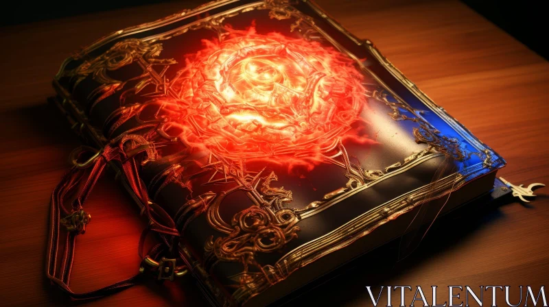 Red Glowing Orb Book on Wooden Table AI Image