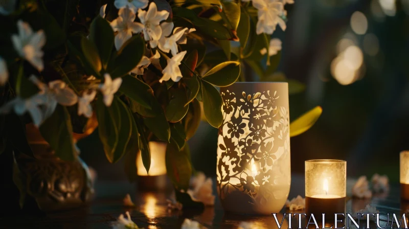 Serene Still Life: White Ceramic Vase with Floral Pattern and Glass Vase with Candle AI Image