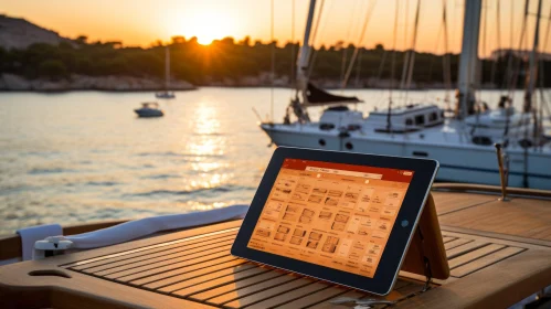 Tablet on Wooden Table with Seascape at Sunset