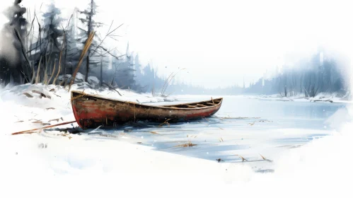 Tranquil Winter Landscape with Red Canoe on Frozen Lake