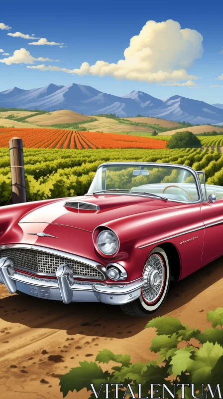 AI ART Vintage Red Car in Serene Valley