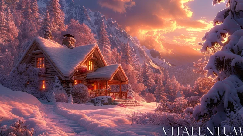 Winter Landscape with Log Cabin in Snowy Forest AI Image