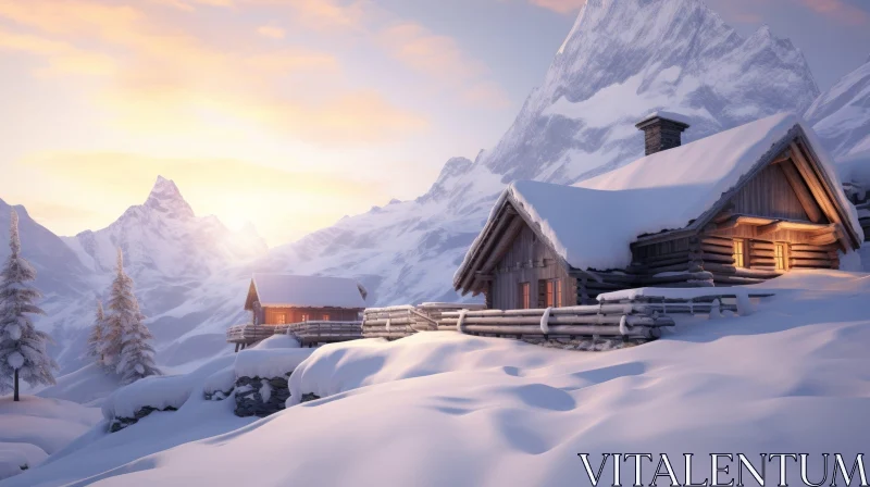 AI ART Winter Mountain Cabin Landscape - Serene Nature Scene