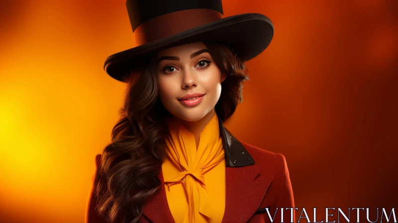 Young Woman Portrait in Brown Top Hat and Red Jacket AI Image