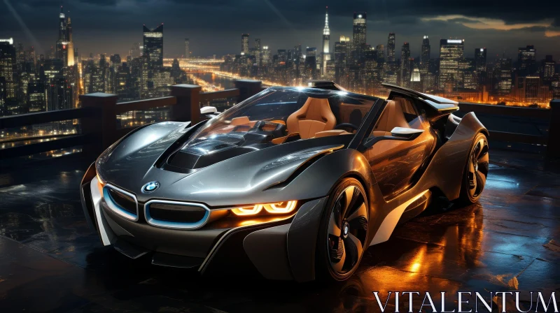 AI ART Cityscape Night View with Silver BMW i8 - Urban Excitement