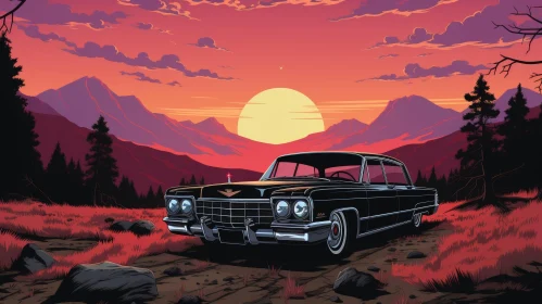 Classic 1960s Car in Mountainous Landscape - Digital Painting
