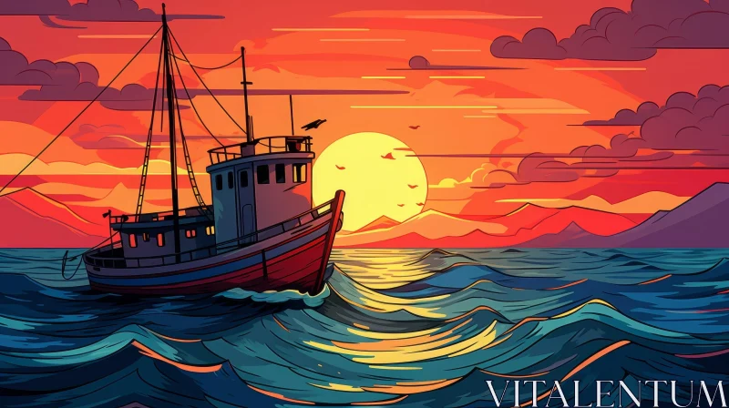 Colorful Fishing Boat at Sea Sunset Painting AI Image