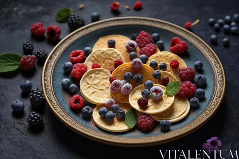 Colorful Woodcarvings: Freshly Made Pancake Stack with Berries on a Dark Background AI Image
