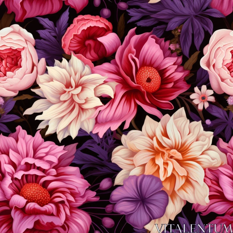 Dark Floral Pattern with Pink Roses, Purple Dahlias, White Lilies AI Image