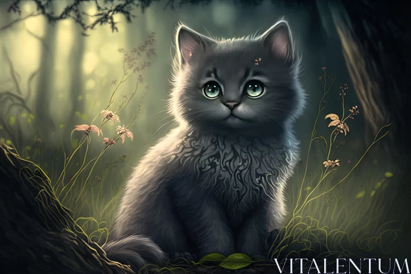 Detailed Realistic Illustration of a Small Black Kitten in a Dark Forest AI Image