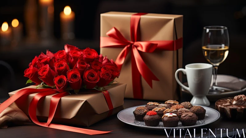 Elegant Still Life Composition with Roses and Cupcakes AI Image