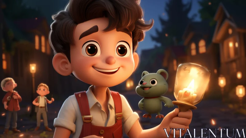 Enchanting 3D Rendering of a Young Boy with Lantern AI Image
