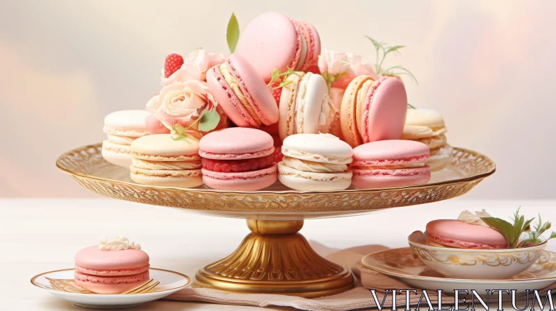 AI ART Exquisite Macarons and Raspberries on Gold-Plated Stand