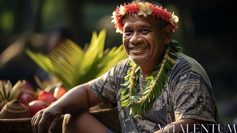 AI ART Polynesian Man in Traditional Attire Smiling in Tropical Setting