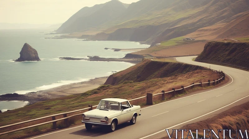 Vintage Car Driving on Coastal Road - Nostalgic Seascape View AI Image