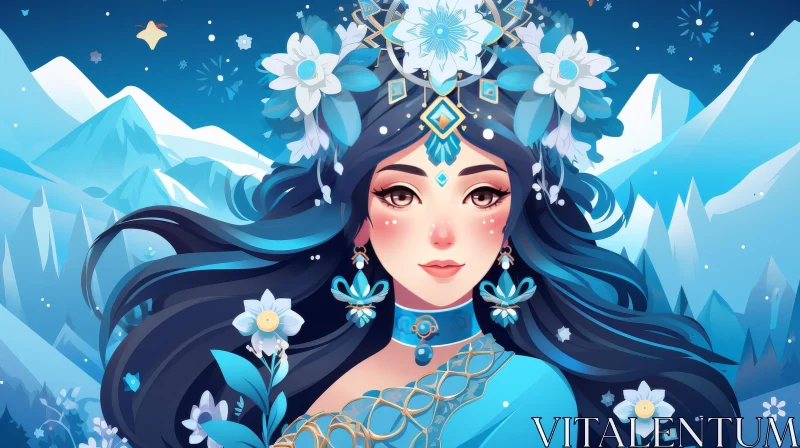 Beautiful Woman in Blue Dress - Serene Mountain Scene AI Image