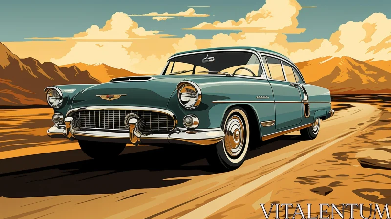 Classic Car Driving Through Desert Landscape | Retro 1950s Digital Painting AI Image